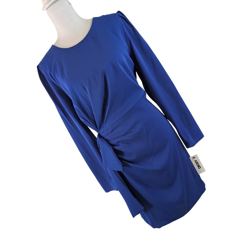 NWT@$139! DKNY! ROYAL BLUE POUF SLEEVE, SIDE SWEPT, TIE BELTED MIDI DRESS! SZ 14